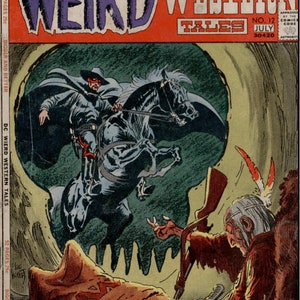 May include: A comic book cover featuring a masked rider on a black horse, with a Native American man in the foreground. The cover is titled "Weird Western Tales" and features the text "featuring Jonah Hex, El Diablo, Bat Lash and Pow Wow Smith".