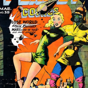 May include: A vintage comic book cover featuring a woman in a green dress being held by a green-skinned alien with a yellow and blue costume. The comic book is titled "Planet Comics" and the issue number is 35. The cover also features the text "Lost World", "Space Rangers", "Mars God of War", and "And Many Others".