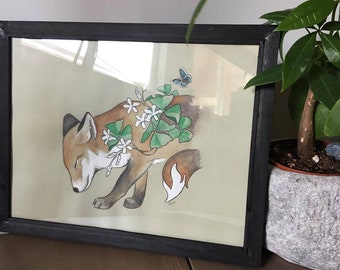 Lucky Fox, Original Framed Wall Art. Watercolor