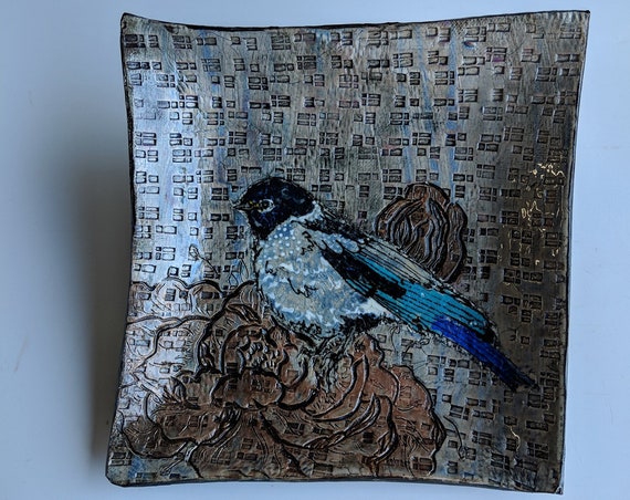 Handmade ceramic plate , with Bird and Peonies, by Michelle Hinton