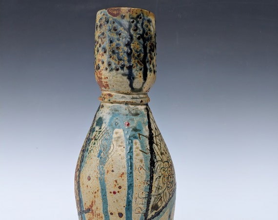 Handmade Ceramic Blue Altered Bottle with peonies