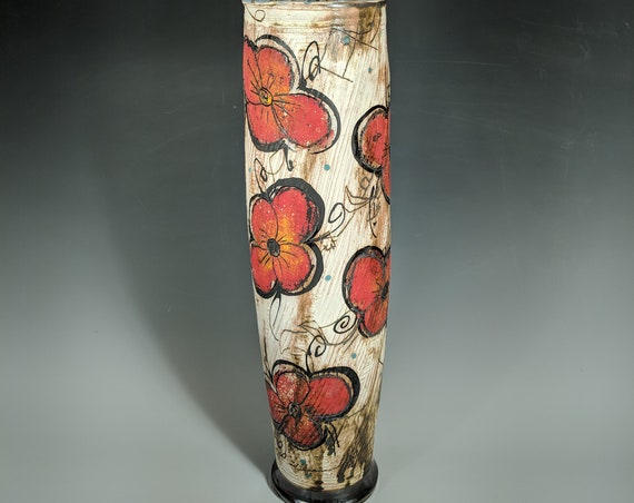 Handmade Ceramic Tall Vase with Astronaut and Pansy's