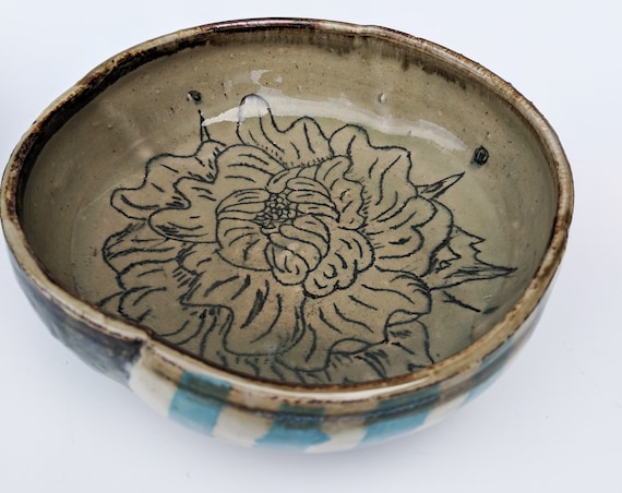 Handmade ceramic bowls, Blue striped bowls with flower carvings