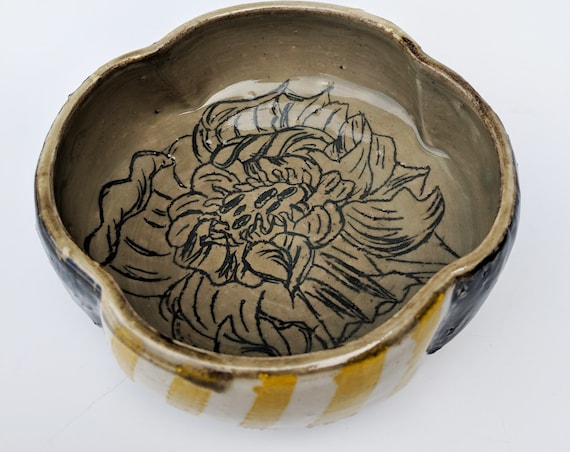 Handmade ceramic bowls, yellow striped bowls with flower carvings
