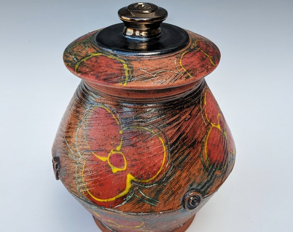 Handmade Ceramic Lidded Jar with Red Pansies
