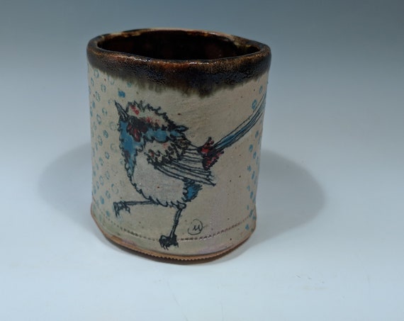 Hand built ceramic cup, with Fairy Wrens by Michelle Hinton
