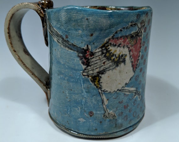 Hand built ceramic mug, with Fairy Wrens, by Michelle Hinton, Red Dots