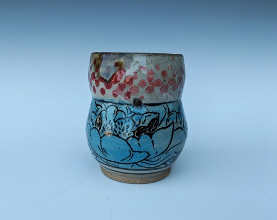 Handmade ceramic cup, with pansies