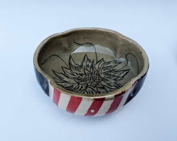 Handmade ceramic bowls, Red striped bowls with flower carvings