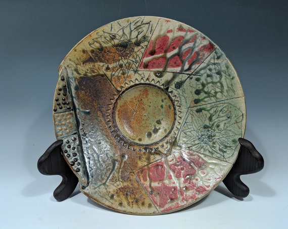 Large Handmade ceramic platter, with Red and flowers