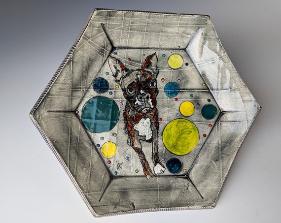 Handmade ceramic plate, Boston Terrier by Michelle Hinton, Hexagon