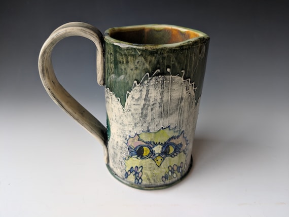 Hand built ceramic Mug, Tall, Chartreuse Owls with Pink Eyebrows, by Michelle Hinton 16 ounces