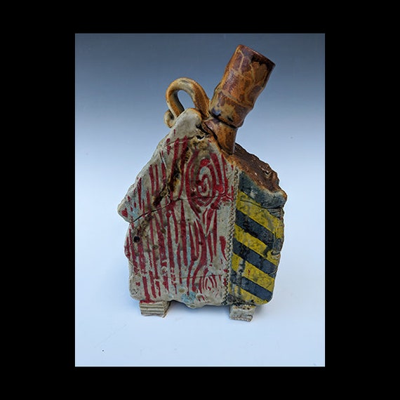 Handmade Ceramic House Bottle With Wood Grain, Caution Stripes