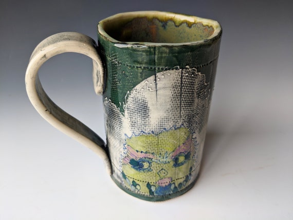 Hand built ceramic Mug, Tall, Chartreuse Owls with Pink Eyebrows, by Michelle Hinton 16 ounces