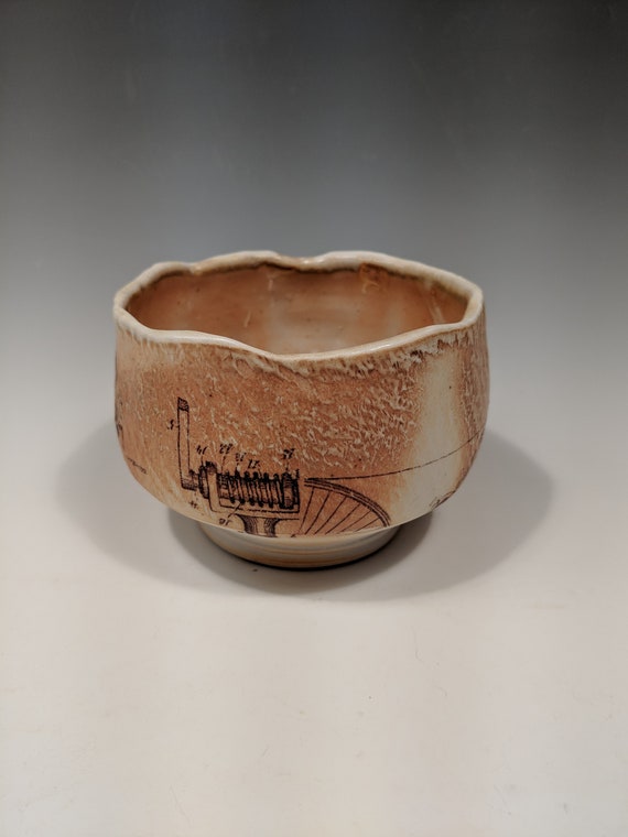 Handmade porcelain woodfire bowl, tea bowl, with decals