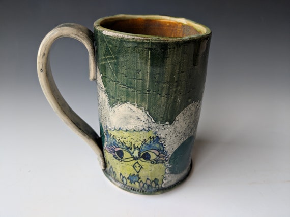 Hand built ceramic Mug, Tall, Chartreuse Owls with Blue Eyebrows, by Michelle Hinton 16 ounces