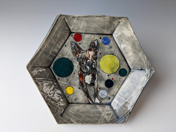 Handmade ceramic plate, Boston Terrier by Michelle Hinton, Hexagon