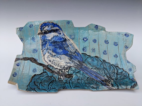Large Handmade ceramic platter, with Bird, by Michelle Hinton