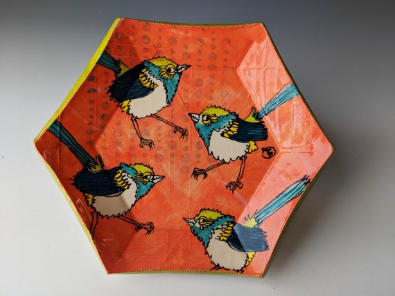 Handmade ceramic plate, Fairy Wren Pattern, by Michelle Hinton, Hexagon