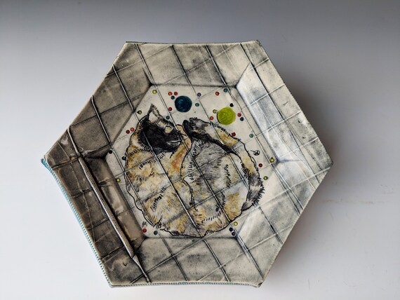 Handmade ceramic plate, Sleepy Kitty, by Michelle Hinton, Hexagon