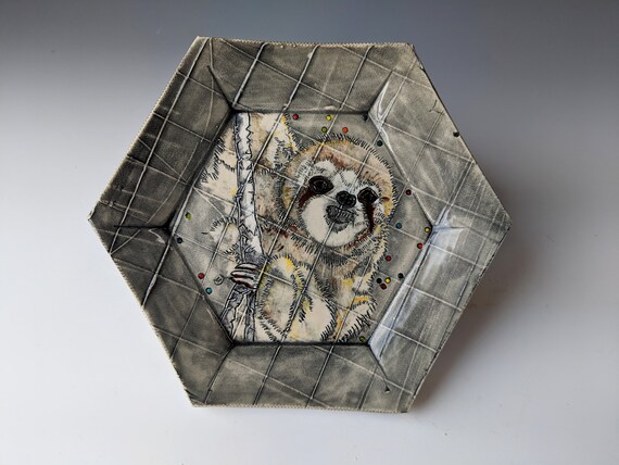 Handmade ceramic plate, Sloth. by Michelle Hinton, Hexagon