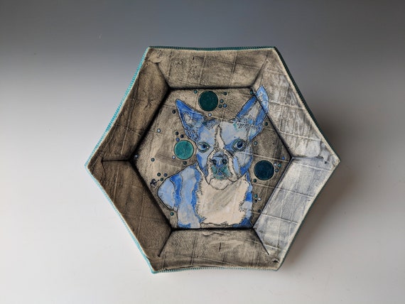 Handmade ceramic plate, Boston Terrier by Michelle Hinton, Hexagon