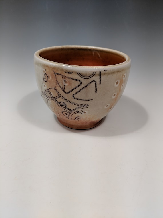 Handmade porcelain woodfire bowl, tea bowl, with decals