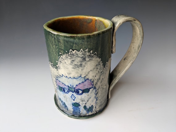 Hand built ceramic Mug, Tall, Blue Owls with Purple Eyebrows, by Michelle Hinton 16 ounces