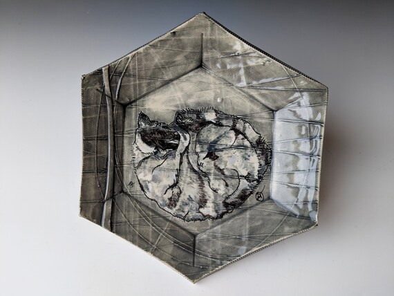 Handmade ceramic plate, Sleepy Kitty by Michelle Hinton, Hexagon