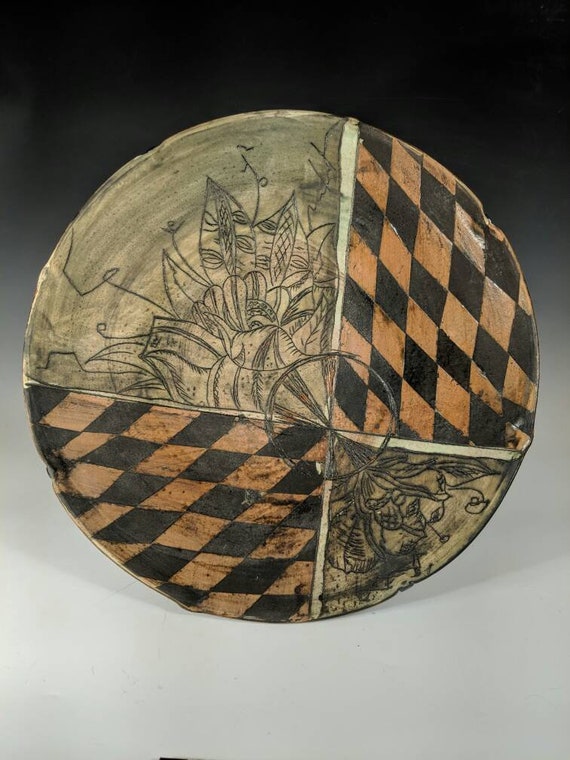 Large Handmade ceramic platter, with peonies and checkers
