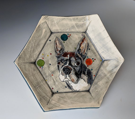 Handmade ceramic plate, Boston Terrier, Frenchie, by Michelle Hinton, Hexagon