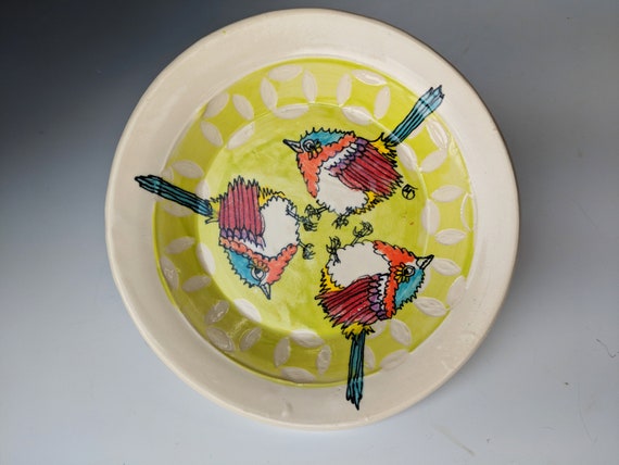 Handmade ceramic plate, Fairy Wren Pattern, by Michelle Hinton, Circles