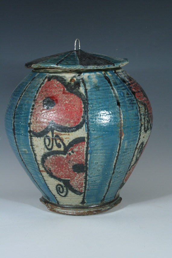 Handmade Ceramic Red Pansy, Blue Striped Lidded Jar