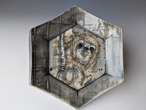 Handmade ceramic plate, Sloth by Michelle Hinton, Hexagon