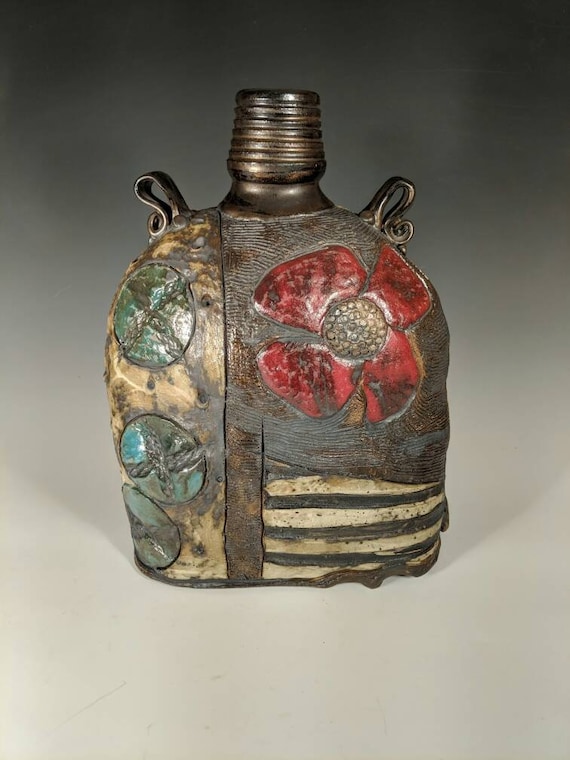 Handmade Ceramic Altered Bottle with Pansy