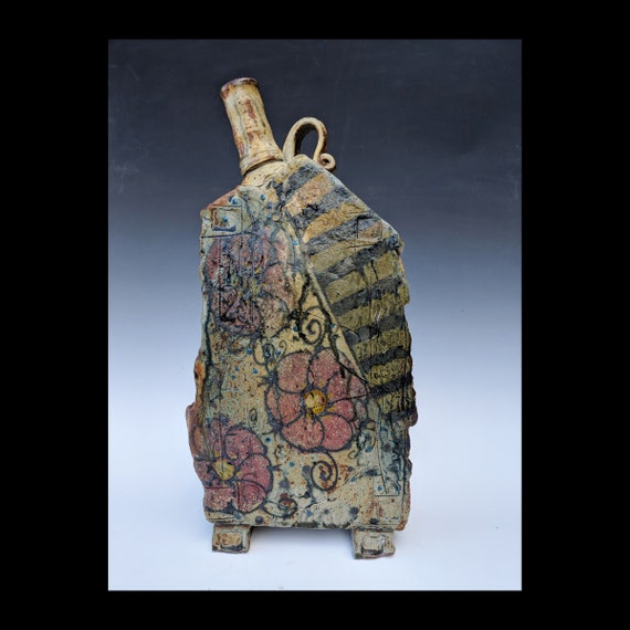 Handmade Ceramic House Bottle With Yellow Stripes Red Pansies