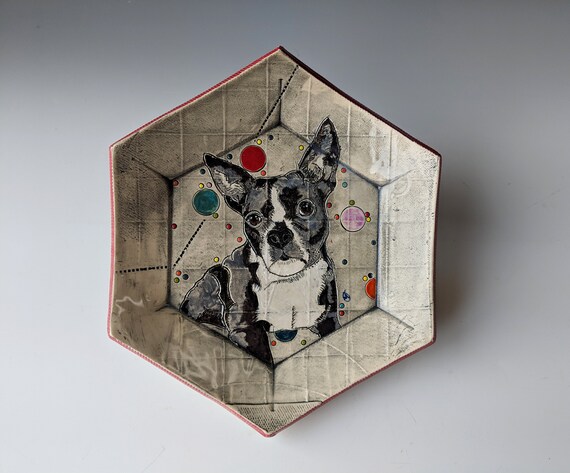 Handmade ceramic plate, Boston Terrier by Michelle Hinton, Hexagon