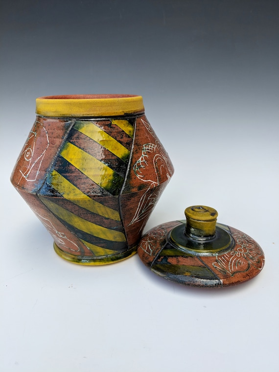 Handmade Ceramic Lidded Jar with Caution Stripes
