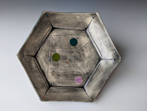 Handmade ceramic plate, Rainbow Polka Dots, by Michelle Hinton, Hexagon