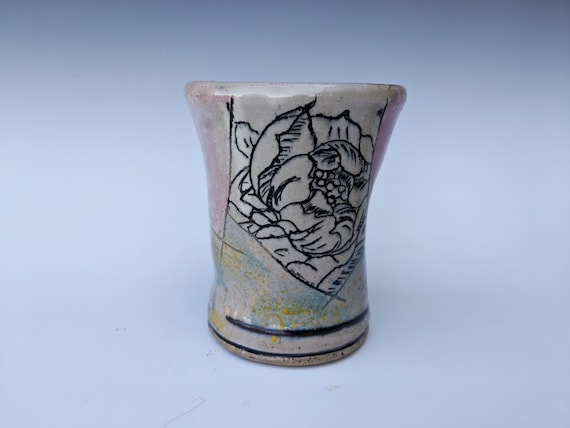 Handmade ceramic cup, with pansies