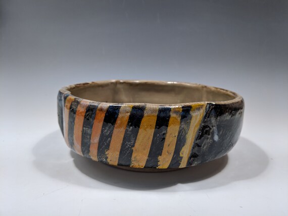 Handmade ceramic serving bowl, yellow striped bowls with flower carvings
