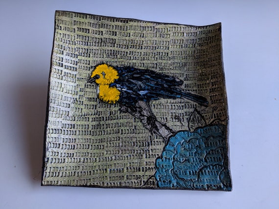 Handmade ceramic plate , with Yellow Headed Blackbird, by Michelle Hinton