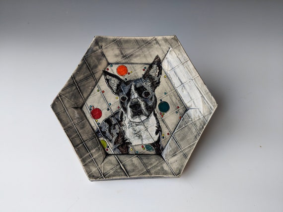 Handmade ceramic plate, Boston Terrier by Michelle Hinton, Hexagon