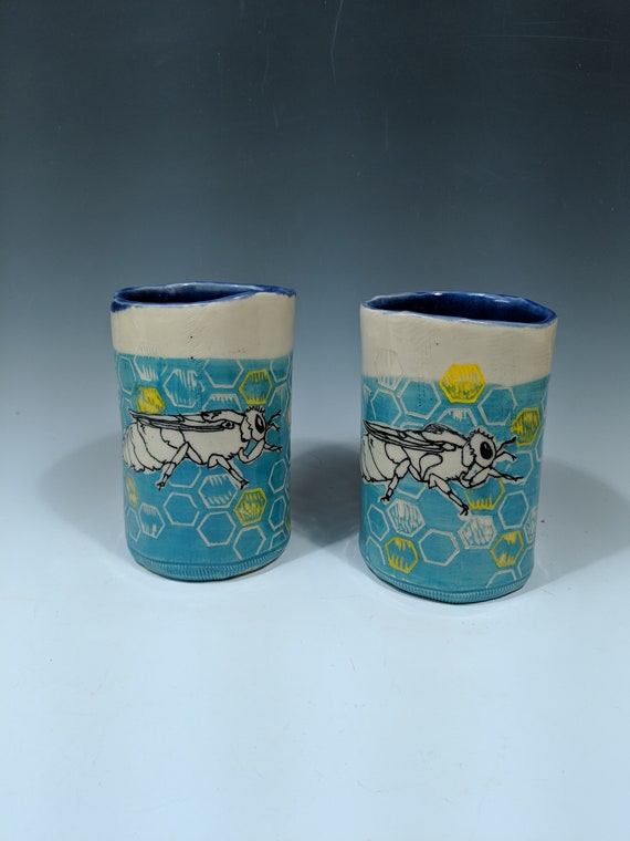 Hand built ceramic cup, with Queen Bees by Michelle Hinton 16 oz