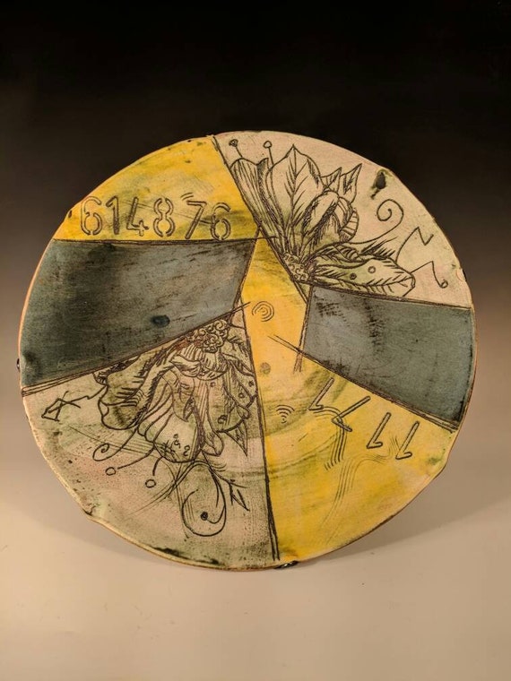 Large Handmade ceramic platter, with peonies