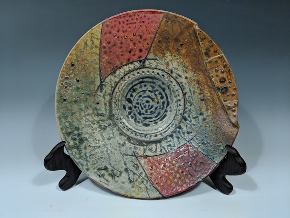 Large Handmade ceramic platter, with Red, yellow dots