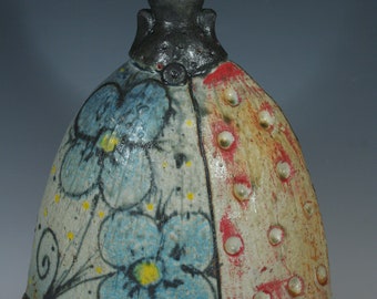 Handmade Ceramic Blue Pansy Altered Bottle