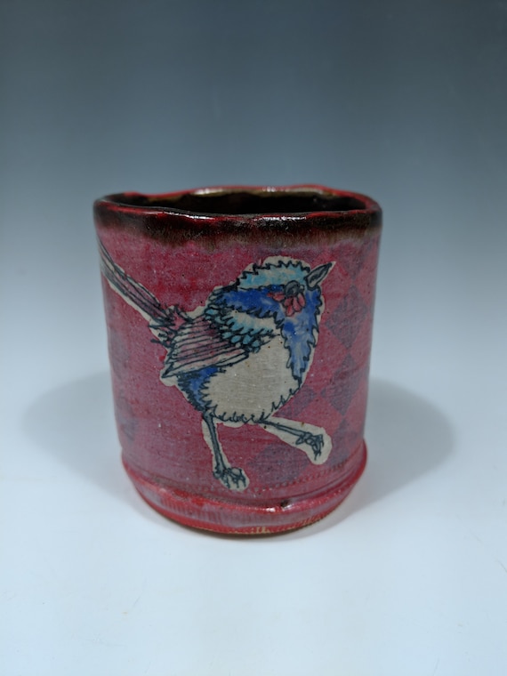 Hand built ceramic cup, red, with Fairy Wrens by Michelle Hinton
