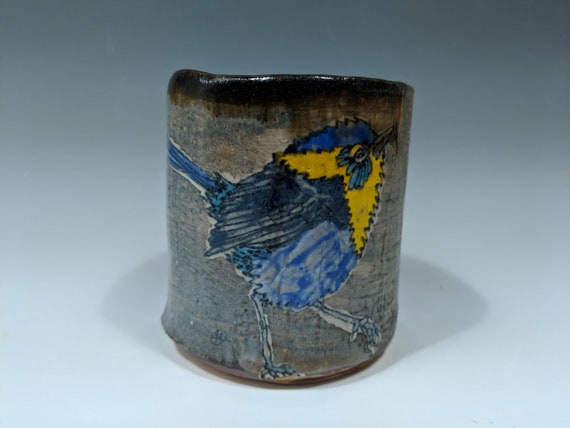 Hand built ceramic cup, with Fairy Wrens by Michelle Hinton