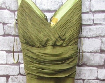 gorgeous silk MONSOON olive green silk DRESS size16uk -lined, strappy, ruffled waist detail,lined